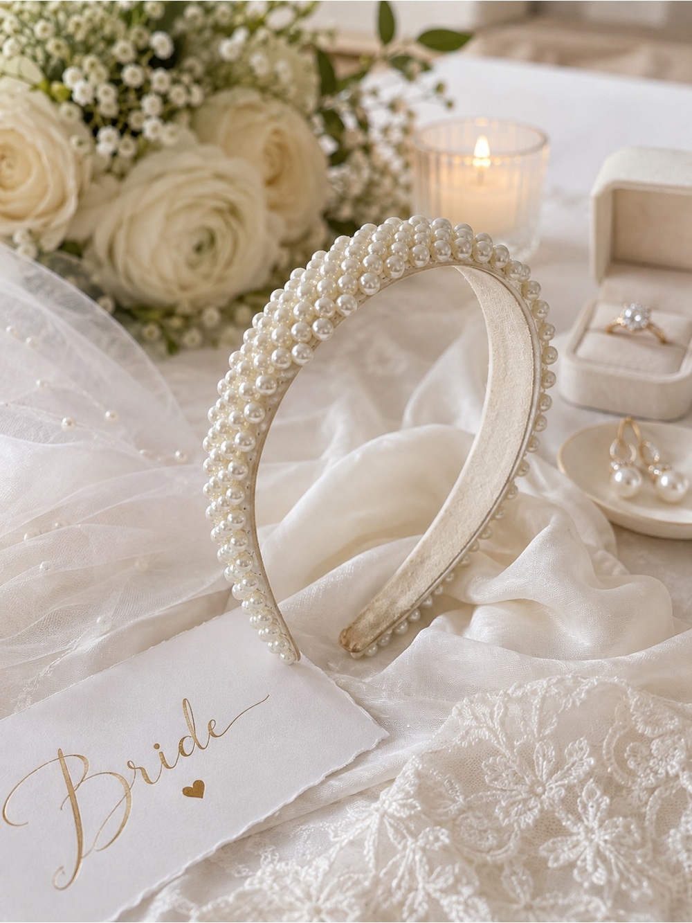 Pearl Beaded Bridal Headband - White